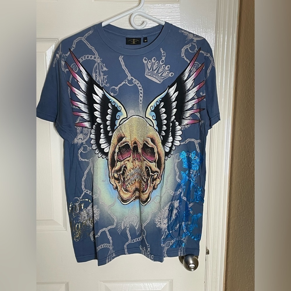 Christian Audigier Shirt Mens Medium Blue Skull Wings Rhinestone All Over Print - Picture 8 of 10
